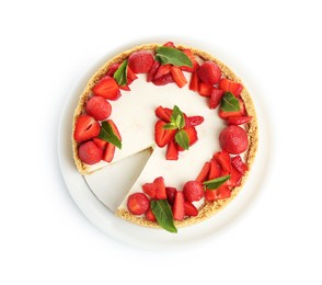 Photo of Delicious cheesecake with strawberries and mint isolated on white, top view