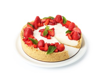 Photo of Delicious cheesecake with strawberries and mint isolated on white