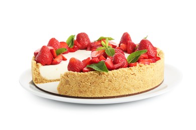 Photo of Delicious cheesecake with strawberries and mint isolated on white