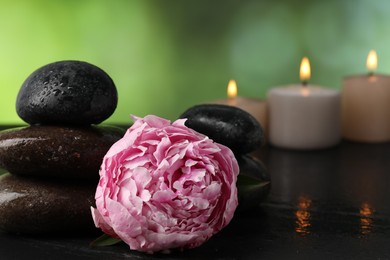 Photo of Spa composition with wet stones, flower and burning candles on dark table against blurred green background, selective focus