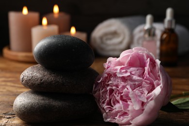 Photo of Spa composition with stones and flower on wooden table against black background, closeup