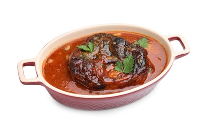 Photo of Traditional ossobuco dish with beef steak and sauce isolated on white