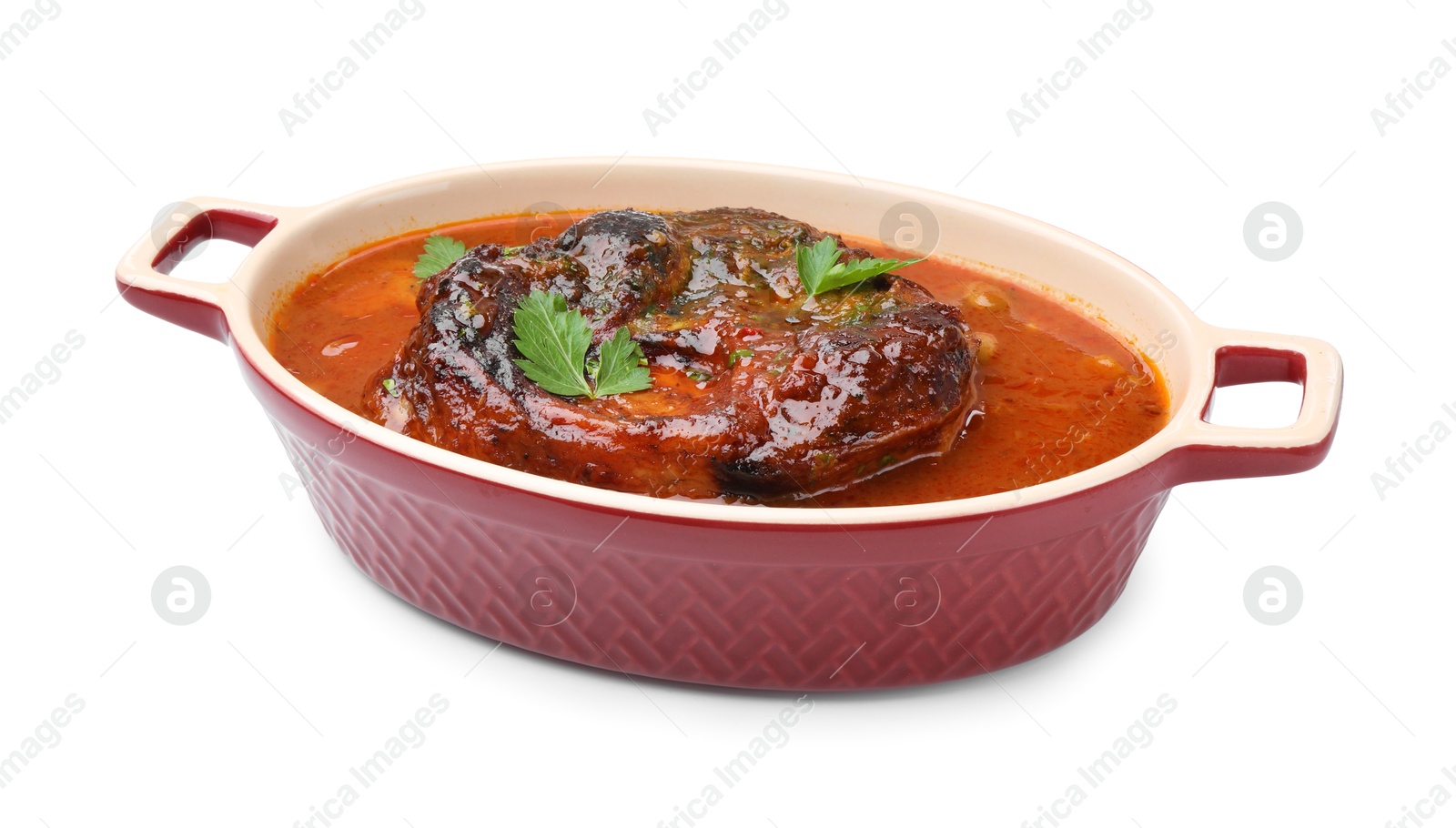 Traditional ossobuco dish with beef steak and sauce isolated on white Photo of Traditional ossobuco dish with beef steak and sauce isolated on white