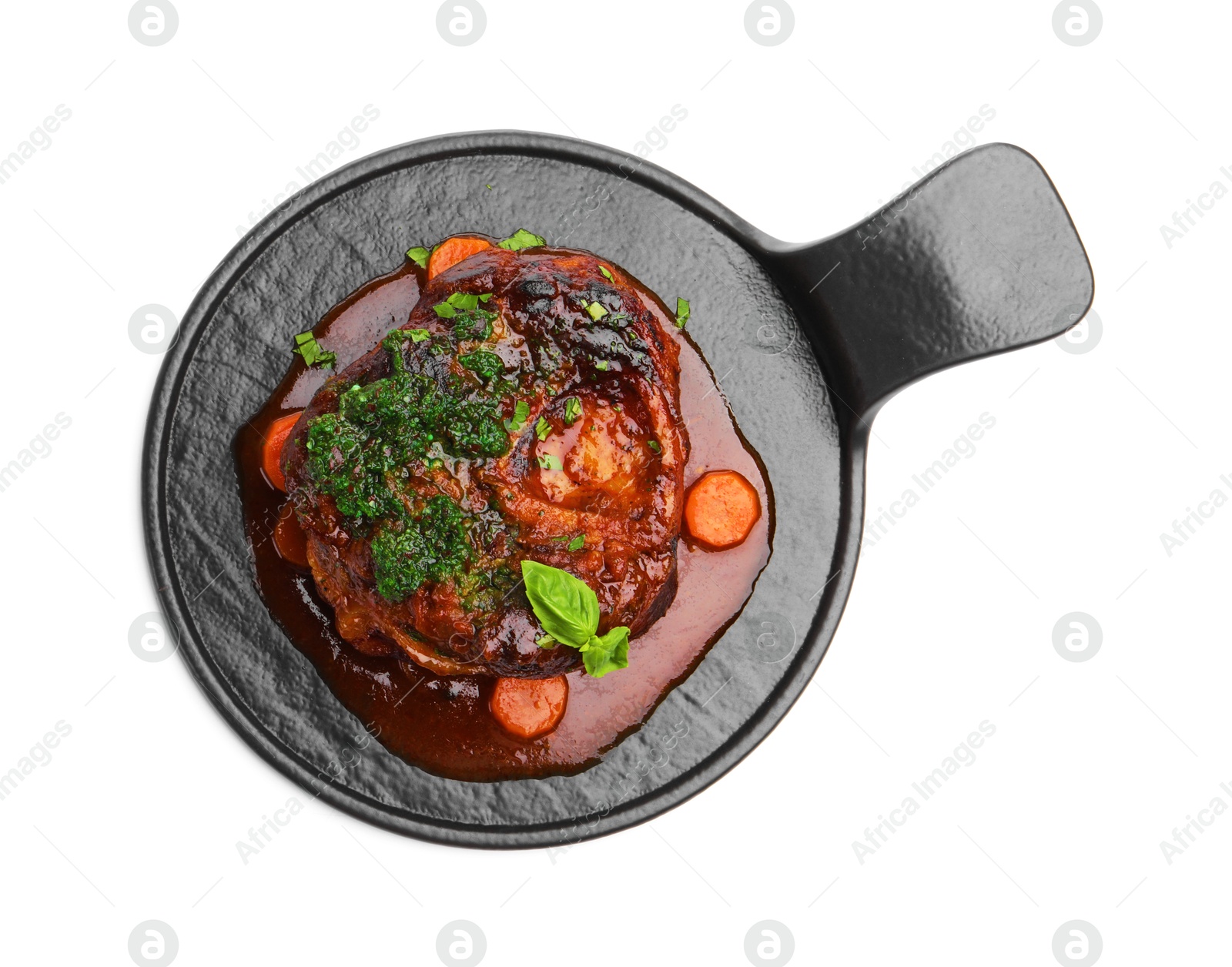 Traditional ossobuco dish with beef steak, sauce and vegetables isolated on white, top view Photo of Traditional ossobuco dish with beef steak, sauce and vegetables isolated on white, top view