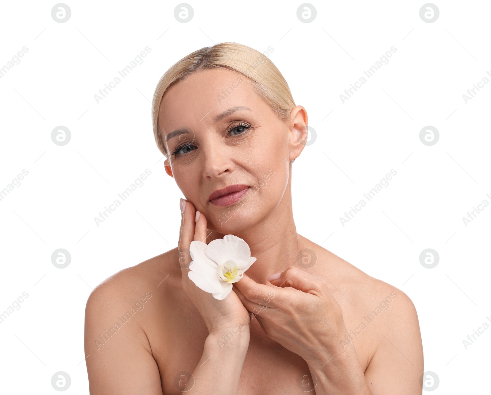 Beautiful woman with orchid flower on white background Photo of Beautiful woman with orchid flower on white background