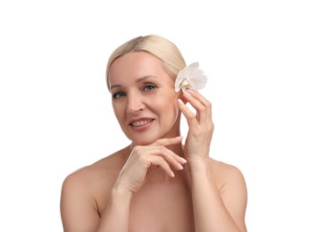 Photo of Beautiful woman with orchid flower on white background