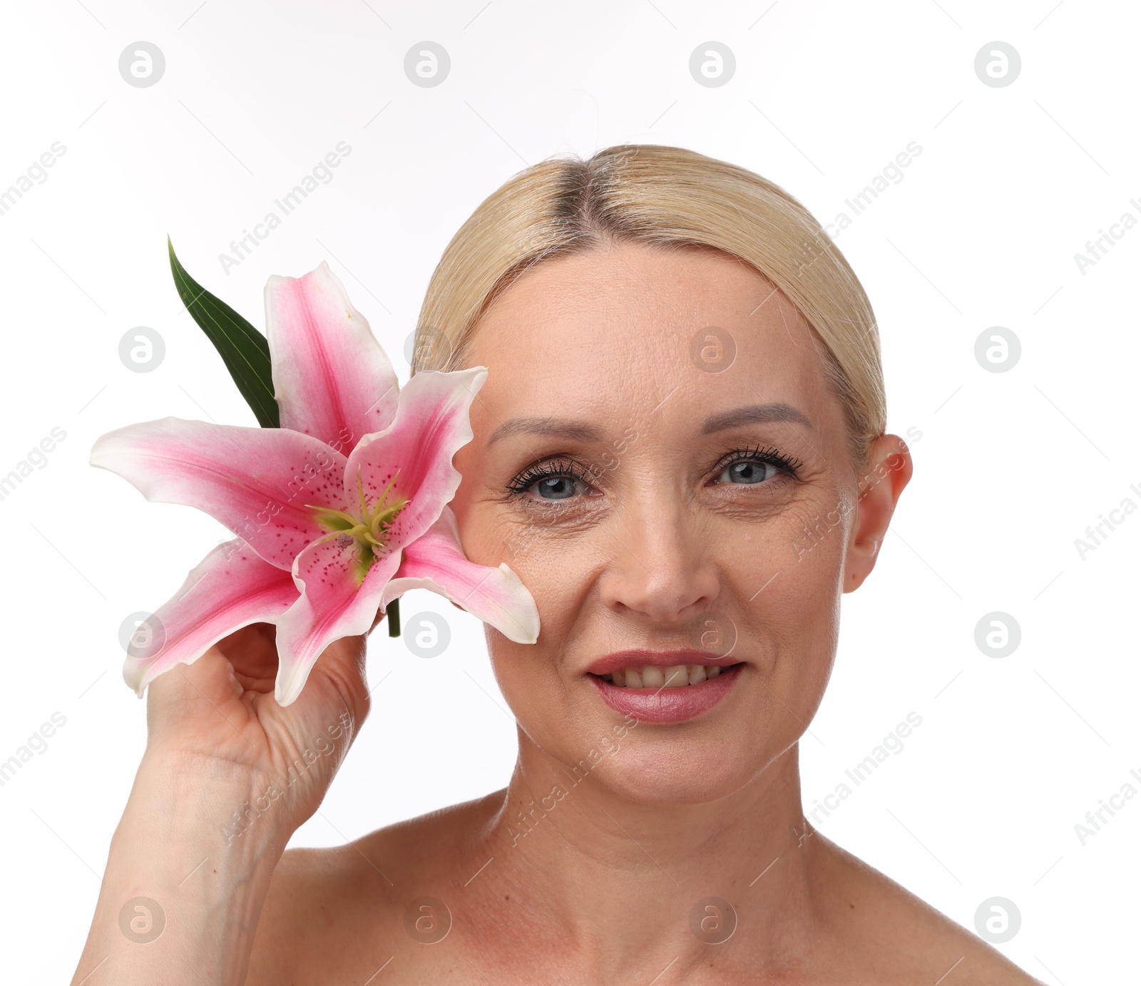 Beautiful woman with lily flower on white background Photo of Beautiful woman with lily flower on white background