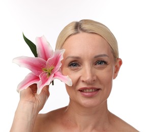 Photo of Beautiful woman with lily flower on white background
