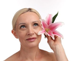 Photo of Beautiful woman with lily flower on white background