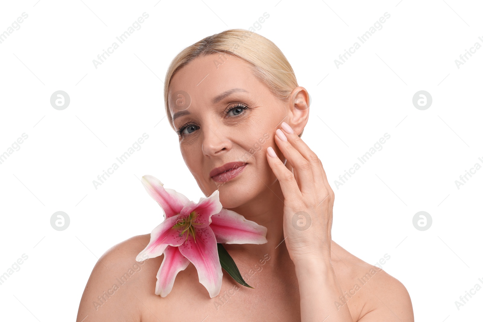 Beautiful woman with lily flower on white background Photo of Beautiful woman with lily flower on white background