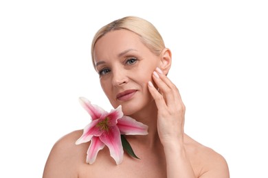 Photo of Beautiful woman with lily flower on white background