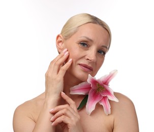 Photo of Beautiful woman with lily flower on white background