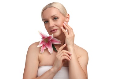 Photo of Beautiful woman with lily flower on white background