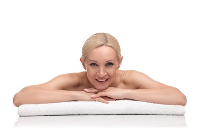Photo of Portrait of beautiful woman with towel on white background
