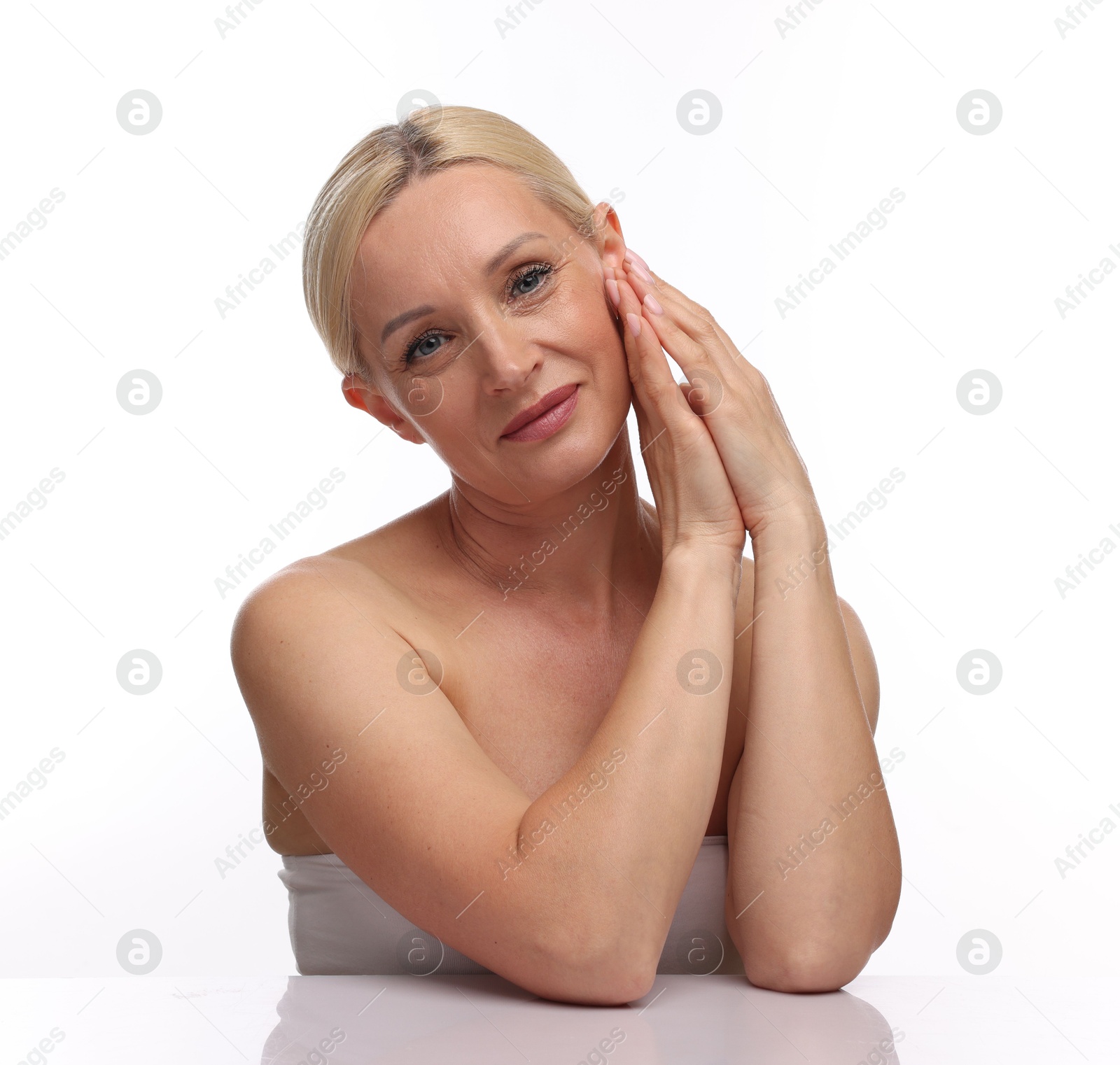 Portrait of beautiful woman on white background Photo of Portrait of beautiful woman on white background