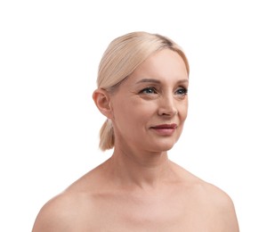 Photo of Portrait of beautiful blonde woman on white background