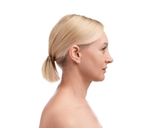 Photo of Portrait of beautiful blonde woman on white background