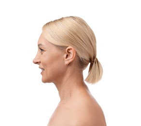 Photo of Portrait of beautiful blonde woman on white background