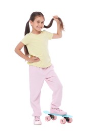 Photo of Little girl with penny board on white background