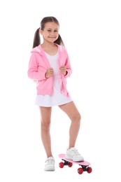 Photo of Little girl with penny board on white background