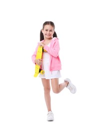 Photo of Little girl with penny board on white background