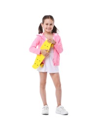 Photo of Little girl with penny board on white background