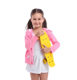 Photo of Little girl with penny board on white background