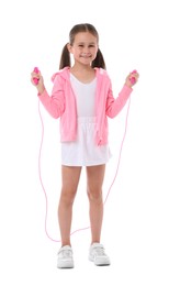 Photo of Little girl with skipping rope on white background