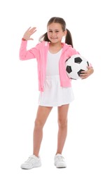 Photo of Little girl with soccer ball on white background