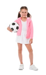 Photo of Little girl with soccer ball on white background
