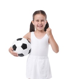 Photo of Little girl with soccer ball on white background