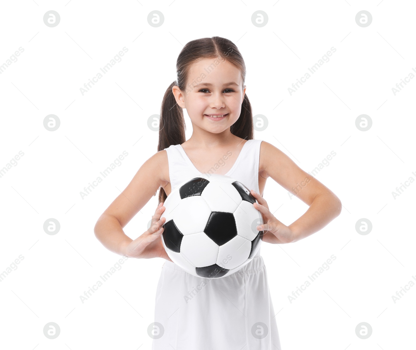 Little girl with soccer ball on white background Photo of Little girl with soccer ball on white background