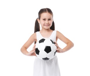 Photo of Little girl with soccer ball on white background