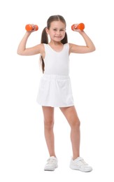 Photo of Little girl with dumbbells on white background