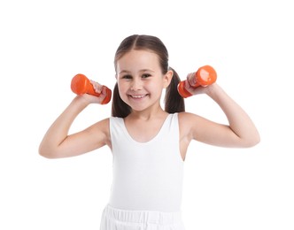 Photo of Little girl with dumbbells on white background