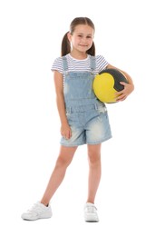 Photo of Little girl with medicine ball on white background