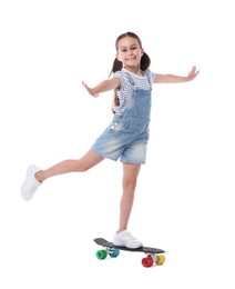 Photo of Little girl with penny board on white background
