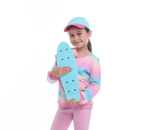 Photo of Little girl with penny board on white background