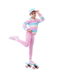 Photo of Little girl with penny board on white background