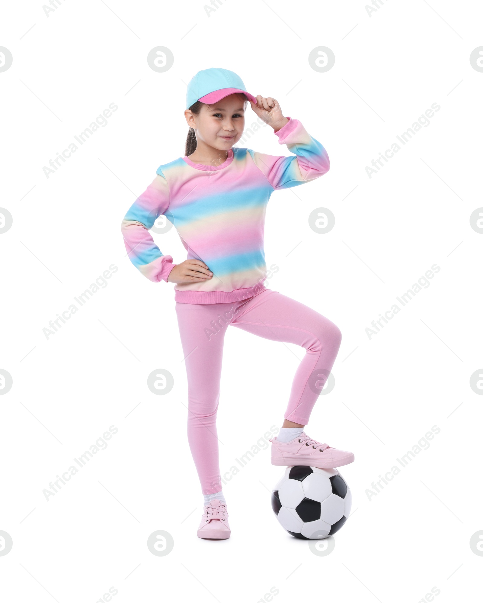 Little girl with soccer ball on white background Photo of Little girl with soccer ball on white background