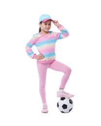Photo of Little girl with soccer ball on white background