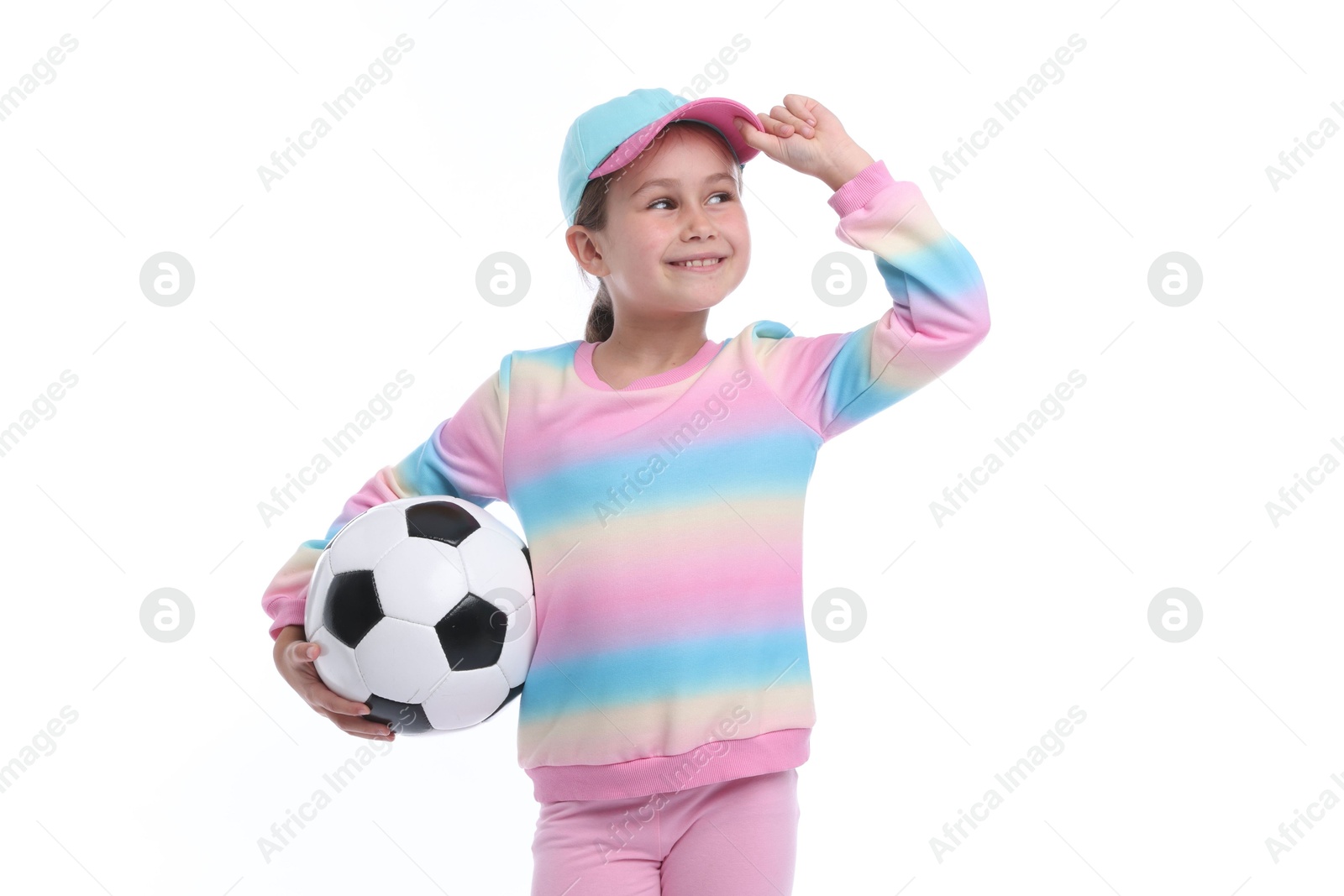 Little girl with soccer ball on white background Photo of Little girl with soccer ball on white background