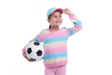 Photo of Little girl with soccer ball on white background