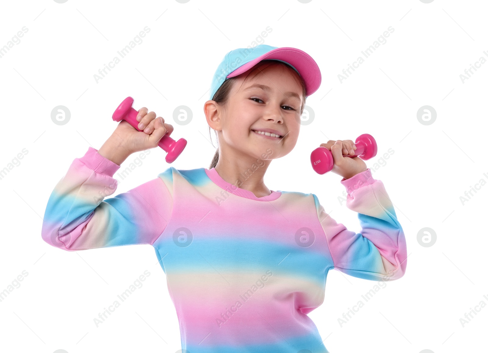 Photo of Little girl with dumbbells on white background