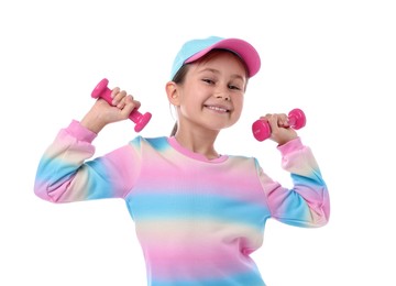 Photo of Little girl with dumbbells on white background