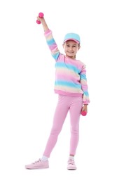Photo of Little girl with dumbbells on white background