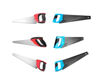 Image of Different hand saws isolated on white, collage