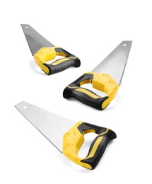 Image of Hand saw isolated on white, collage. Cutting tool