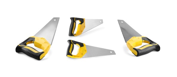 Image of Hand saw isolated on white, collage. Cutting tool