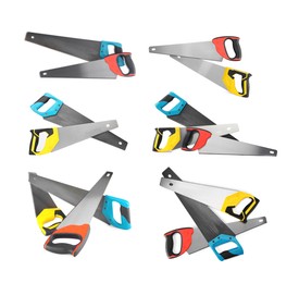 Image of Different hand saws isolated on white, collage